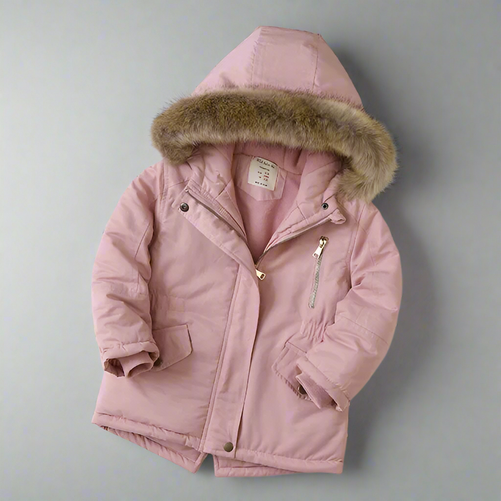 Unisex black children's winter parka with a detachable faux fur hood, everyday outerwear