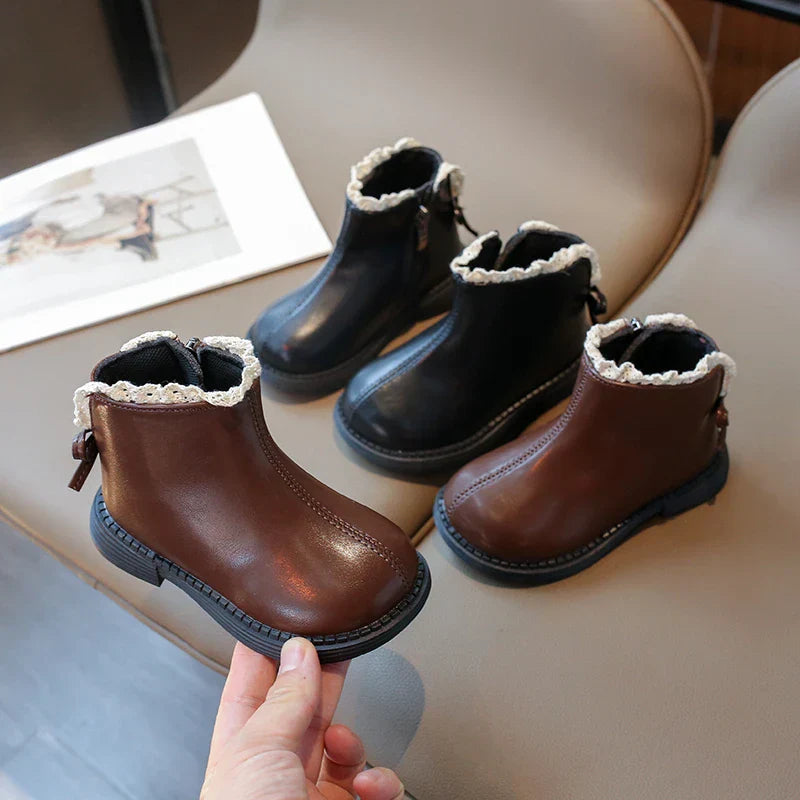 Warm classic leather booties for toddlers, boys & girls, slip resistant soles, brown color