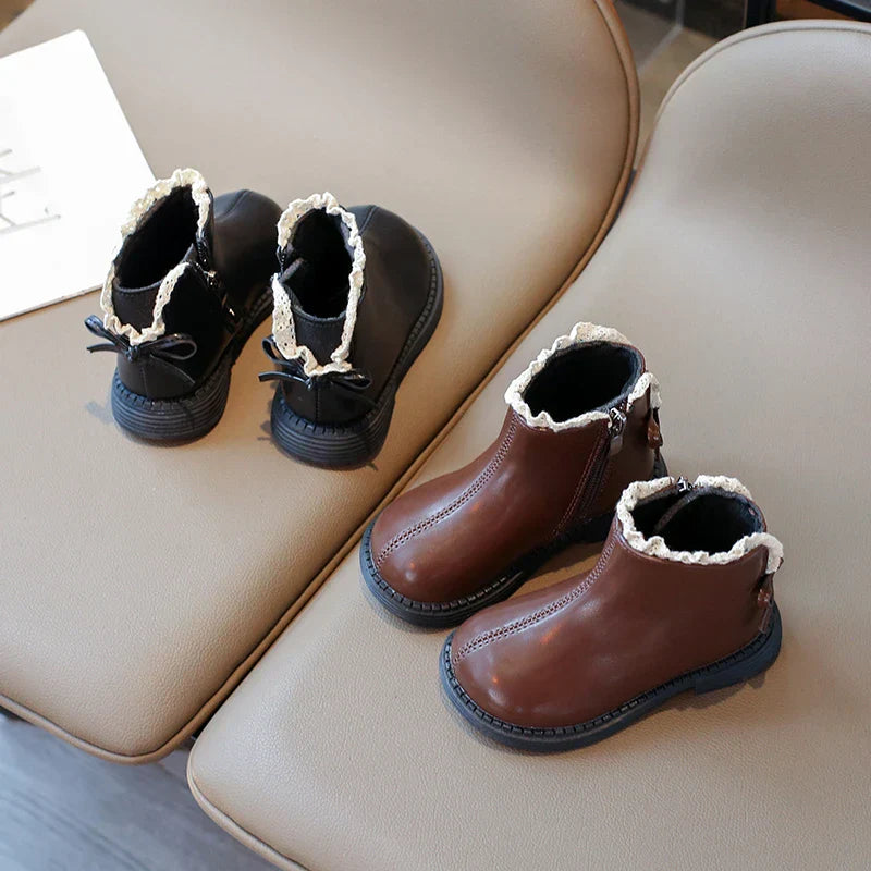 Kids brown leather booties, classic style, perfect for baby and toddler boys & girls