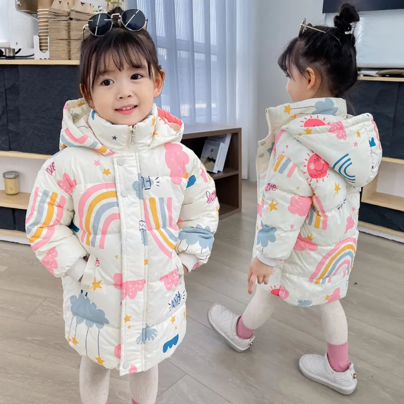 Warm cotton blend hooded padded jacket for kids, ideal winter outerwear.