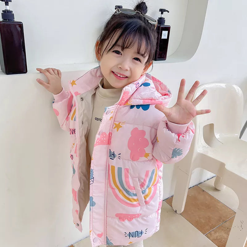 Back view of a girls' warm cotton outerwear, suitable for winter fashion.