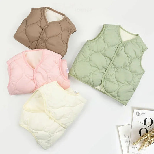 Warm cotton puffer vest for toddlers, unisex design, perfect for winter layering, front view.
