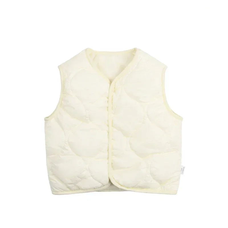 Kids' red cotton puffer vest, bodywarmer for boys and girls, with zip closure and high collar.