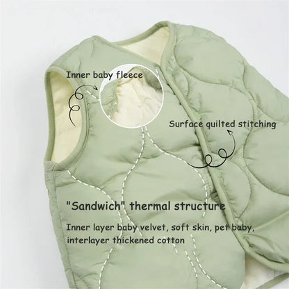 Group of diverse toddlers wearing colorful cotton puffer vests, playing together happily.
