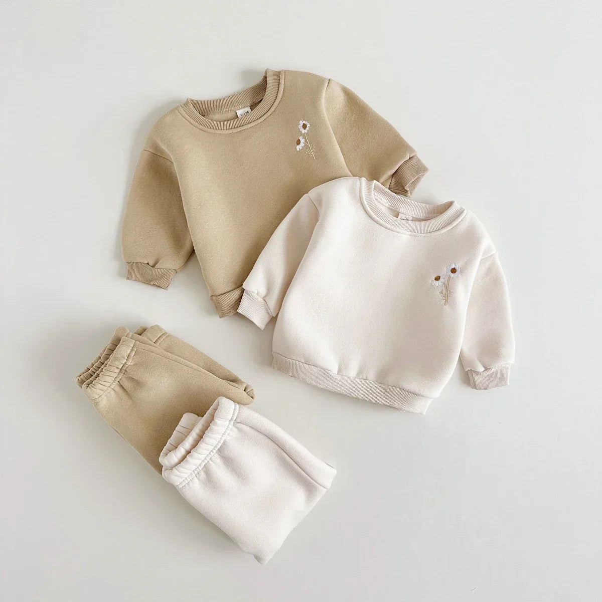 Warm floral embroidered girls' winter tracksuit set; pink cotton jacket & pants for toddlers