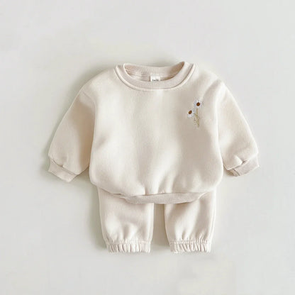 Toddler girl's casual winter tracksuit with intricate floral embroidery on soft cotton