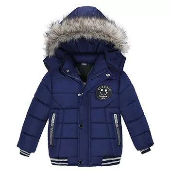 Grey hooded puffer coat for kids, boys or girls, insulated and warm for winter season, stylish design.