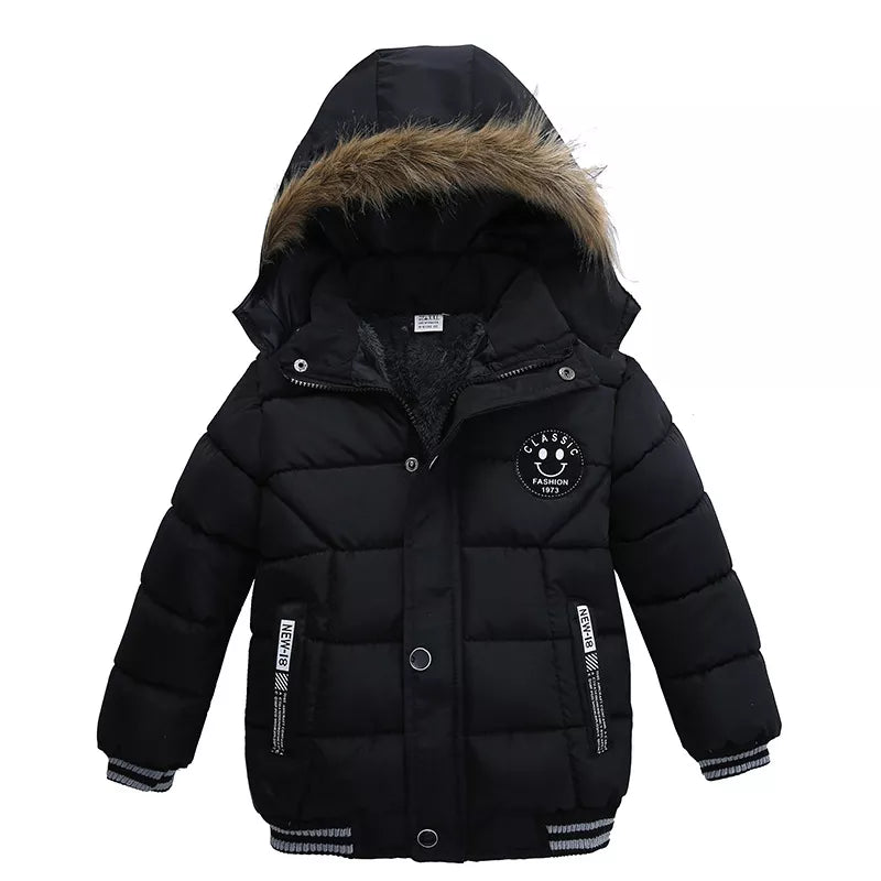 Light blue hooded winter puffer jacket for toddlers, perfect for snow and cold, boys and girls.
