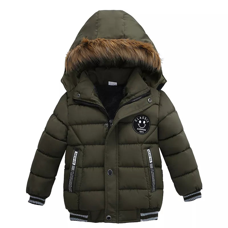 Two tone hooded winter puffer jacket for kids, stylish and warm, for boys and girls.