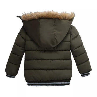 Unisex hooded winter puffer jacket for children, plain red, warm and comfortable for cold weather.