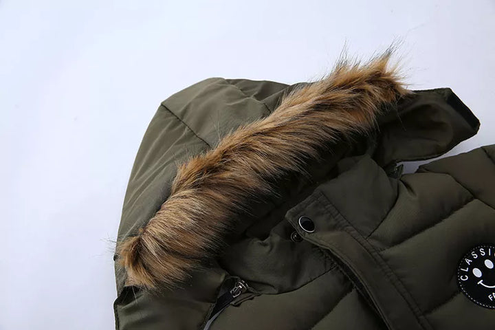 Kids' hooded winter puffer jacket with fur trim, warm outerwear for boys and girls, cozy protection.