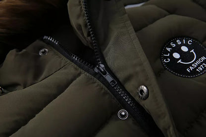 Kids' hooded puffer jacket with reflective strips, for safety in winter, boys and girls.