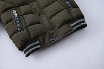 Side view of a kids' hooded winter puffer jacket, showing thickness and warmth, boys and girls.
