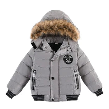 Kids' hooded winter puffer jacket with detachable hood, versatile for boys and girls.