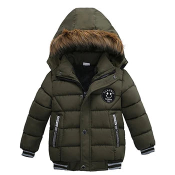 Collection of colorful hooded winter puffer jackets for kids, boys and girls, various sizes.