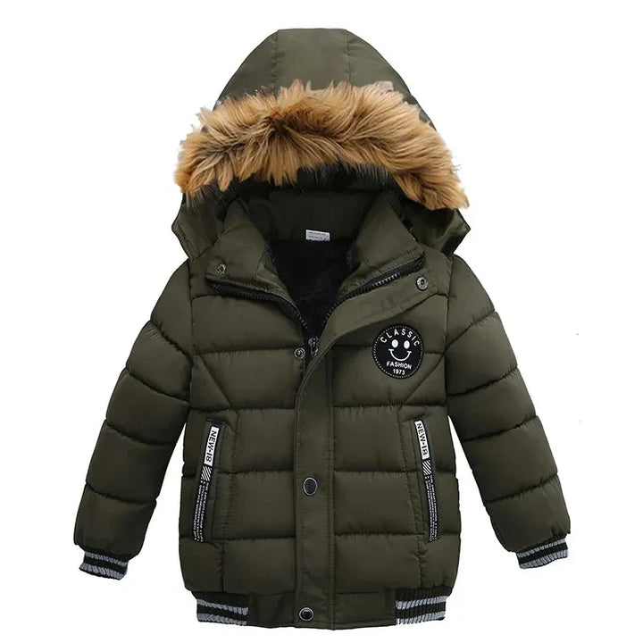 Pink winter puffer coat for girls, hooded and insulated, perfect for snowy days and outdoor play.