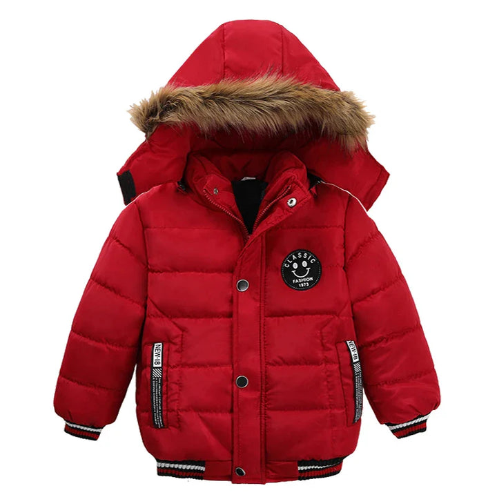 Yellow hooded winter jacket for kids, a warm puffer coat for boys and girls, ready for cold weather.
