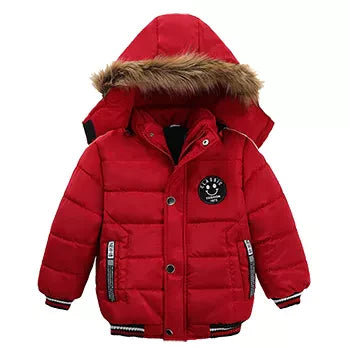 Bright orange hooded winter puffer jacket for children, thick and warm, great for boys and girls.