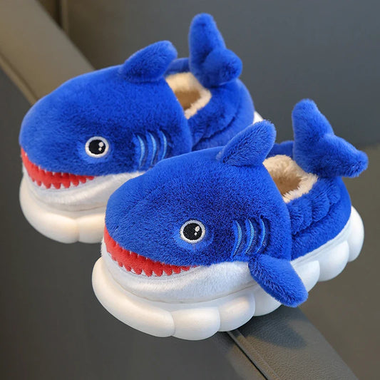 Warm kids' cartoon shark winter cotton slippers with non-slip sole, blue. Perfect for boys and girls.