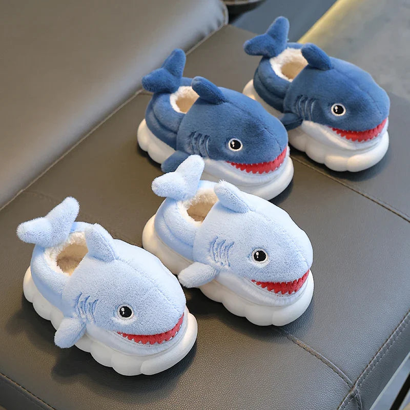 Soft indoor shoes for kids: cartoon shark winter slippers, non-slip, cozy cotton lining.