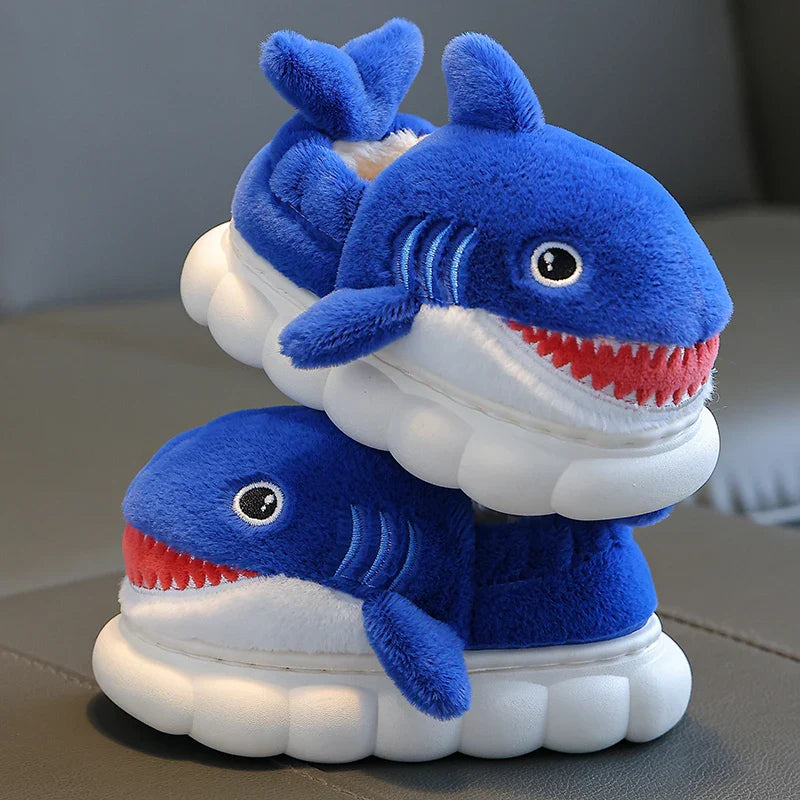 Winter footwear for children: blue shark cotton slippers, soft and warm with a durable non-slip sole.
