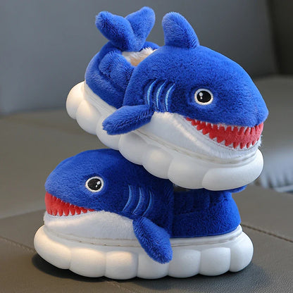 Winter footwear for children: blue shark cotton slippers, soft and warm with a durable non-slip sole.