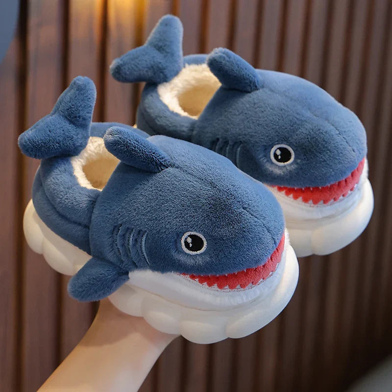 Comfortable boys' shark winter slippers, soft cotton, non-slip, perfect for indoor play.