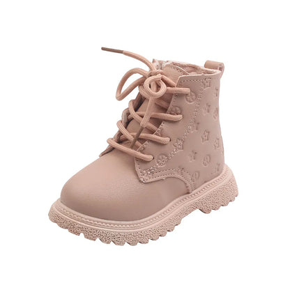 Unisex children's lace-up winter boots with soft plush lining, durable and comfy