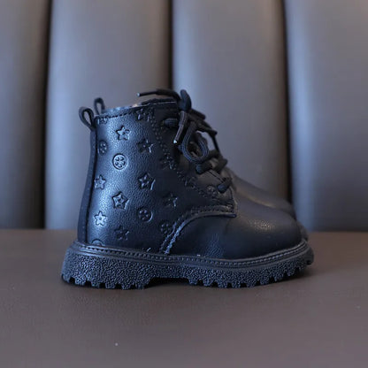 Side view of sturdy children's winter boot, plush-lined, perfect for snowy days