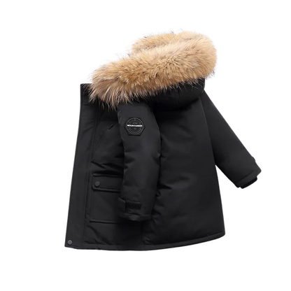 Kids' warm winter jacket, padded for insulation, with plush trim around the hood, front view
