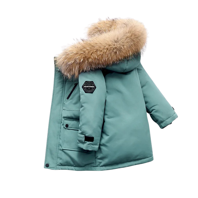 Close-up of plush trim detail on a child's padded winter jacket, showcasing softness and warmth