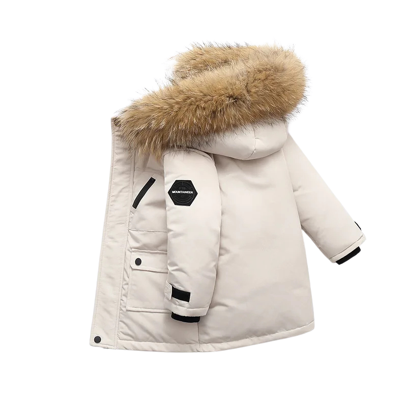 Full-length view of a kids' padded winter jacket with plush trim, suitable for snowy adventures
