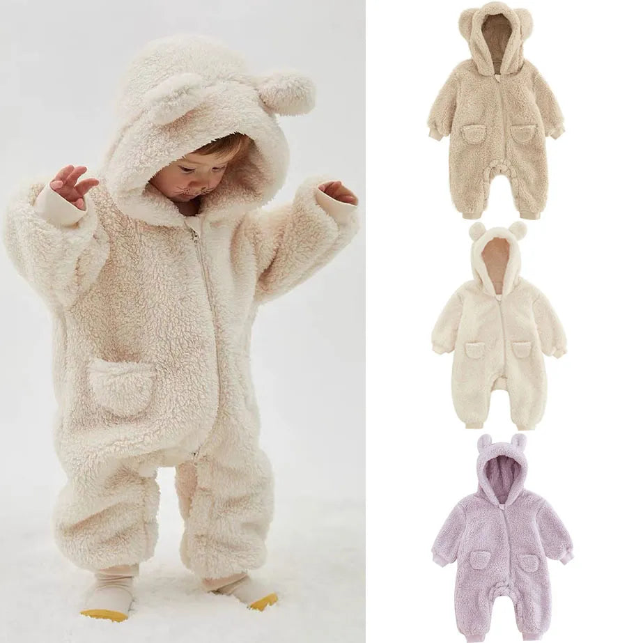 Warm newborn baby romper, fleece animal overall, unisex winter clothing with bear ears for infants