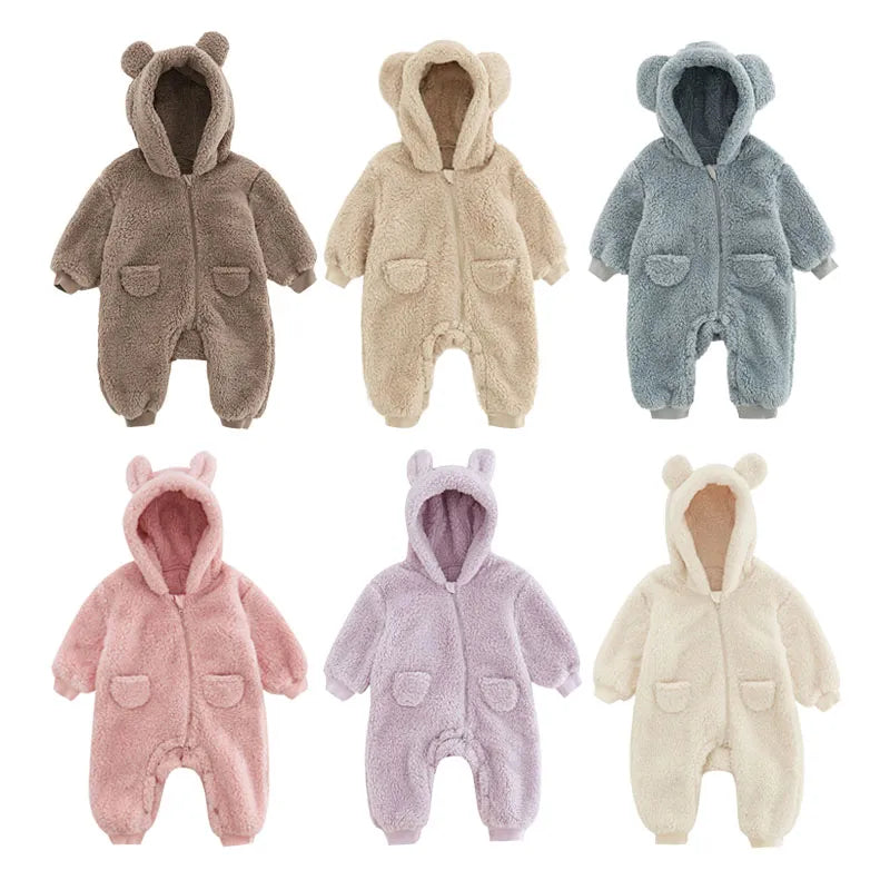 Cozy baby winter romper with animal print, thick fleece jumpsuit for newborn boys and girls
