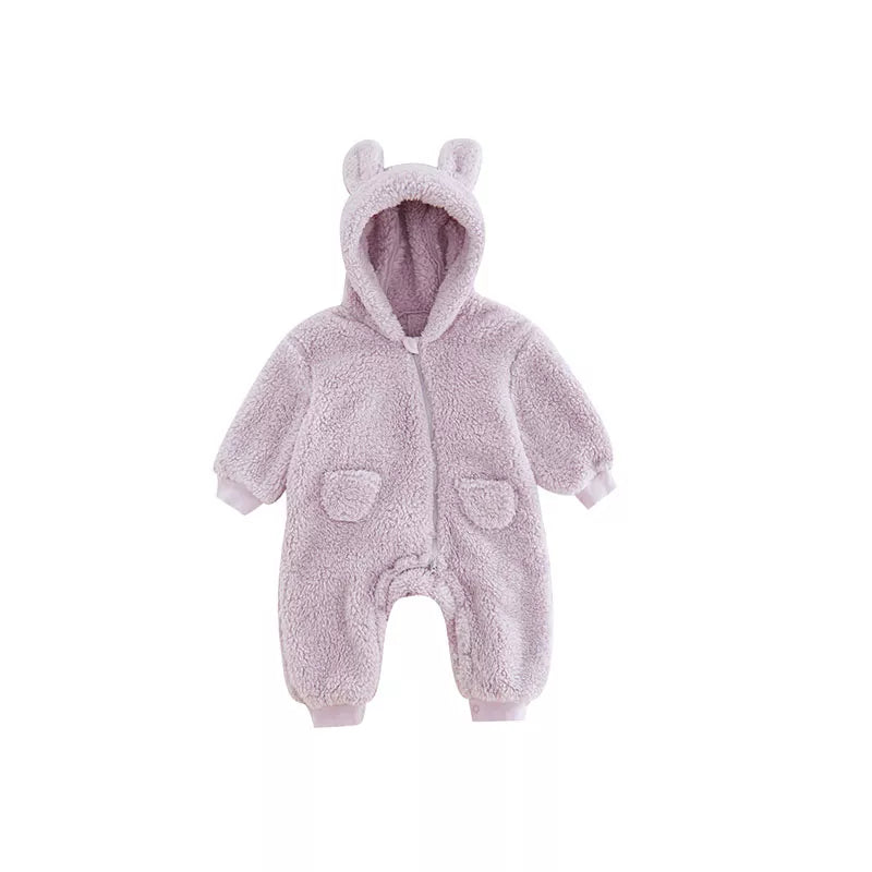 Newborn winter fleece romper, warm animal themed jumpsuit, perfect for keeping baby snug in cold