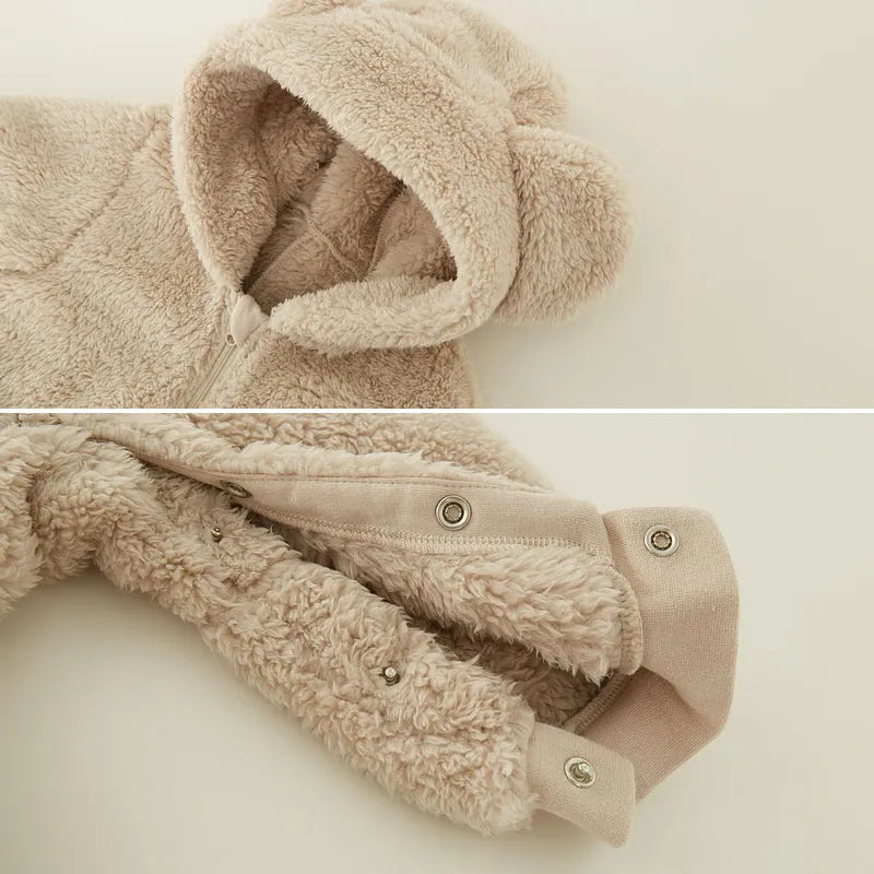Fleece baby romper, unisex animal overall for winter, cozy infant clothing with practical snaps