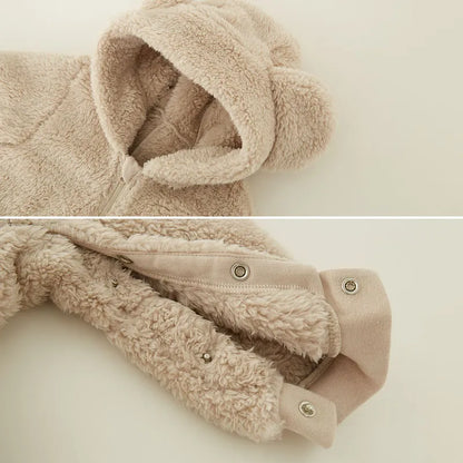 Fleece baby romper, unisex animal overall for winter, cozy infant clothing with practical snaps