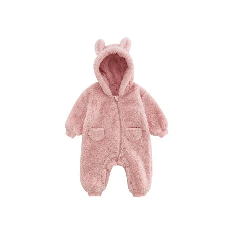 Warm newborn animal fleece jumpsuit, unisex winter baby romper with adorable hood design