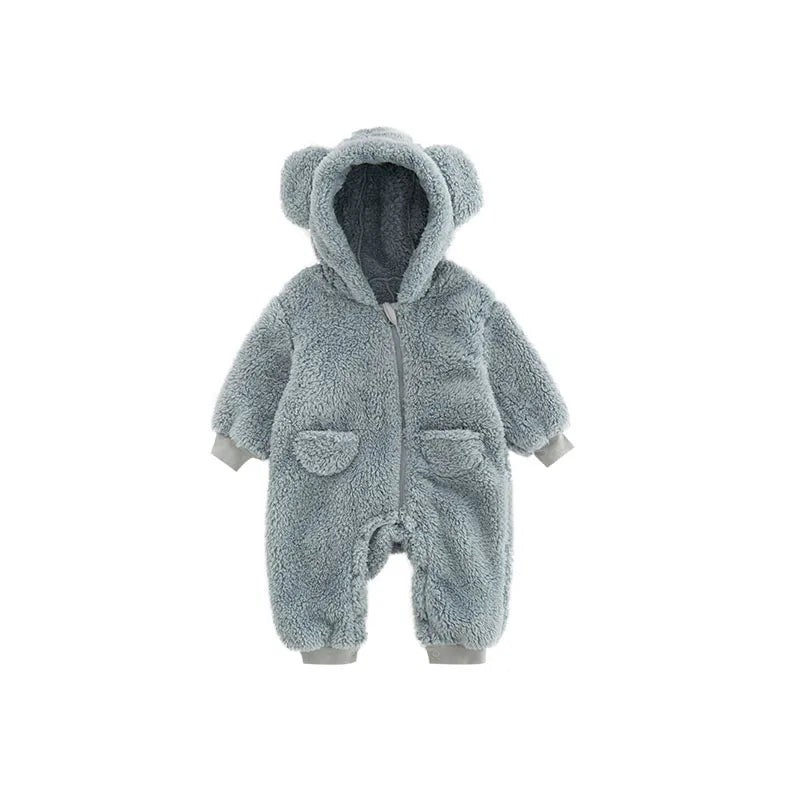 Unisex baby winter romper, soft fleece jumpsuit with animal ears, cozy newborn clothing for warmth