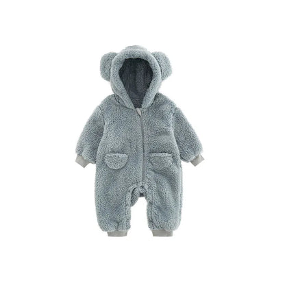 Unisex baby winter romper, soft fleece jumpsuit with animal ears, cozy newborn clothing for warmth