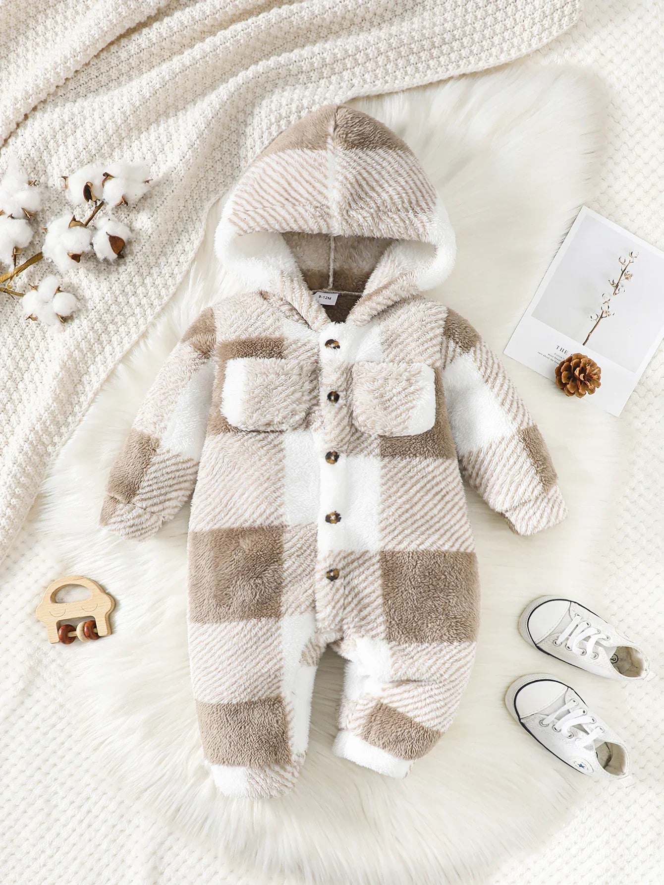 Warm plaid hooded romper for infants, ideal winter jumpsuit with cashmere blend lining.