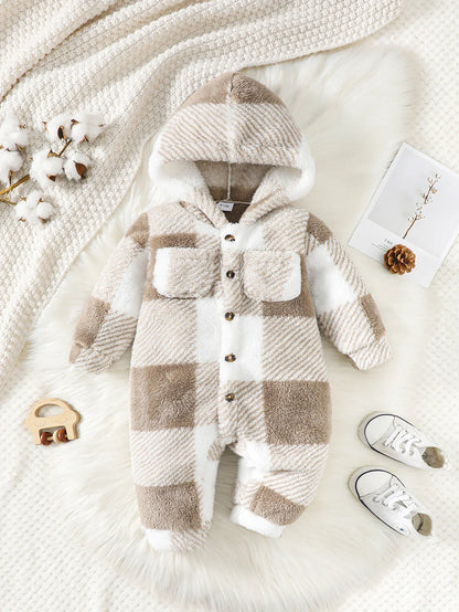 Warm plaid hooded romper for infants, ideal winter jumpsuit with cashmere blend lining.