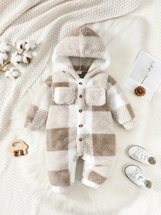 Warm plaid hooded romper for infants, ideal winter jumpsuit with cashmere blend lining.