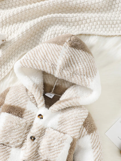Cozy baby plaid hooded romper, perfect unisex newborn outfit for cold weather.