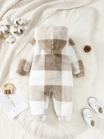 Cute baby plaid hooded jumpsuit, essential winter clothing for newborns and infants.