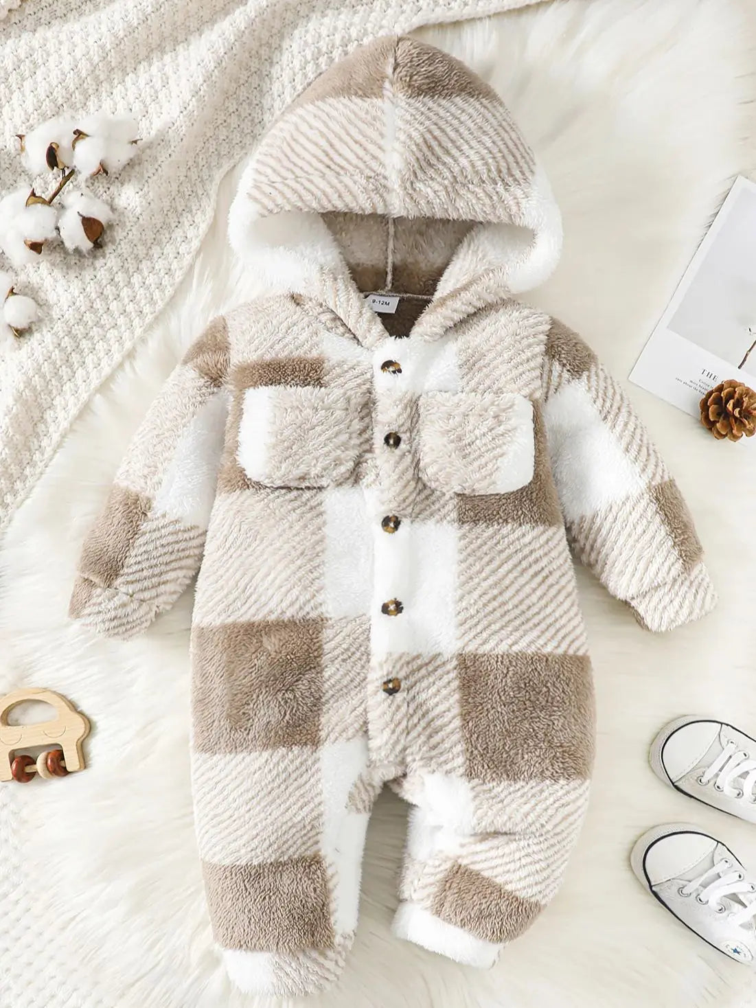 Soft cashmere blend baby romper, plaid pattern, hooded for extra winter warmth.