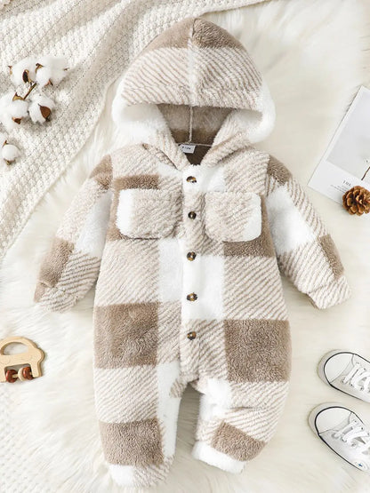 Soft cashmere blend baby romper, plaid pattern, hooded for extra winter warmth.