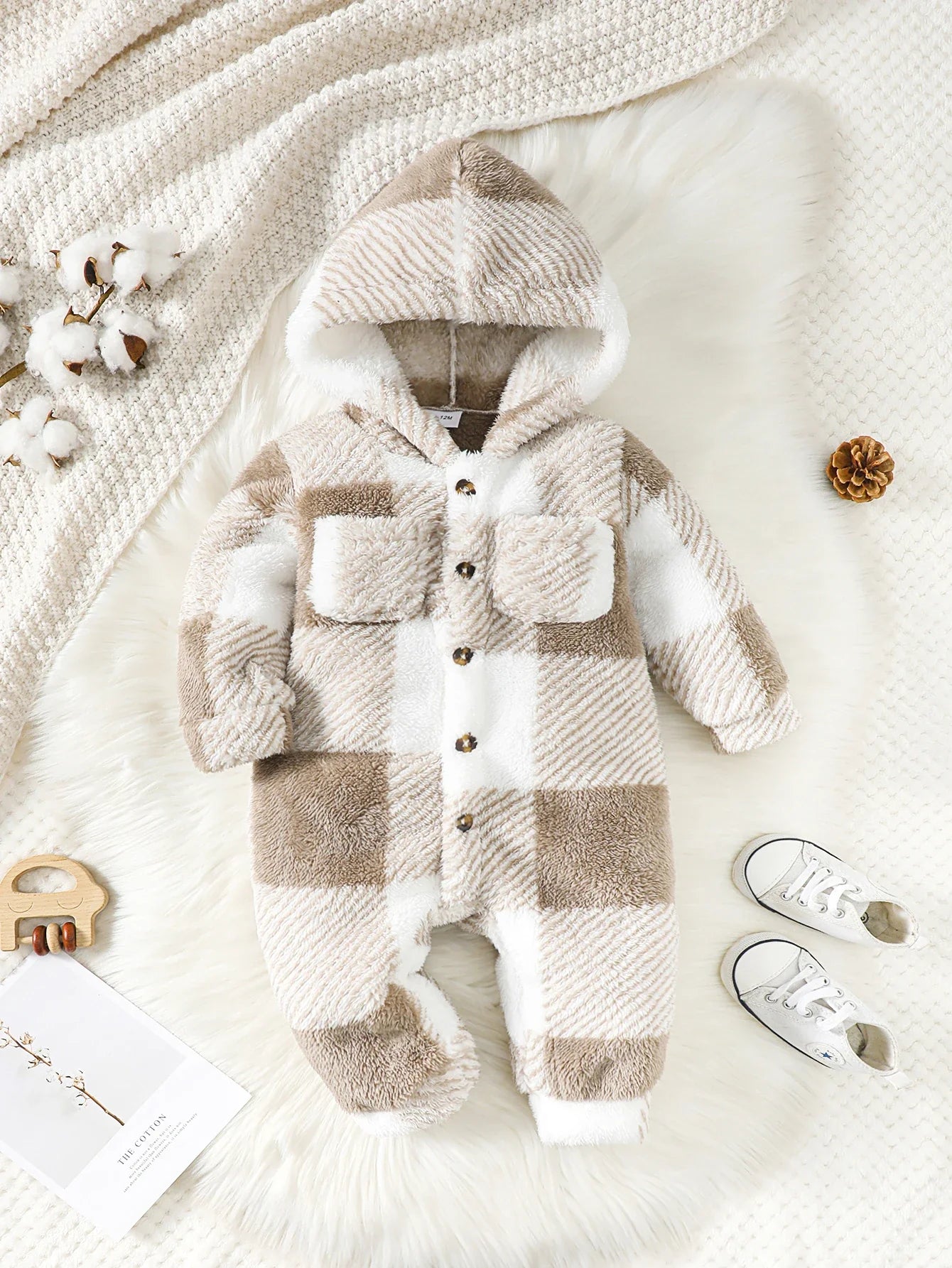Infant winter outfit: warm plaid hooded romper, snug and cozy for chilly days.