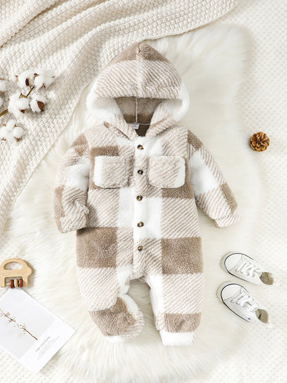 Infant winter outfit: warm plaid hooded romper, snug and cozy for chilly days.