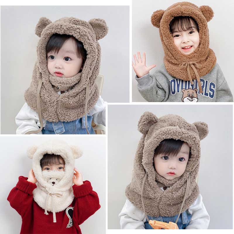 Warm plush hooded scarf hat with animal ears for kids, perfect for cold weather